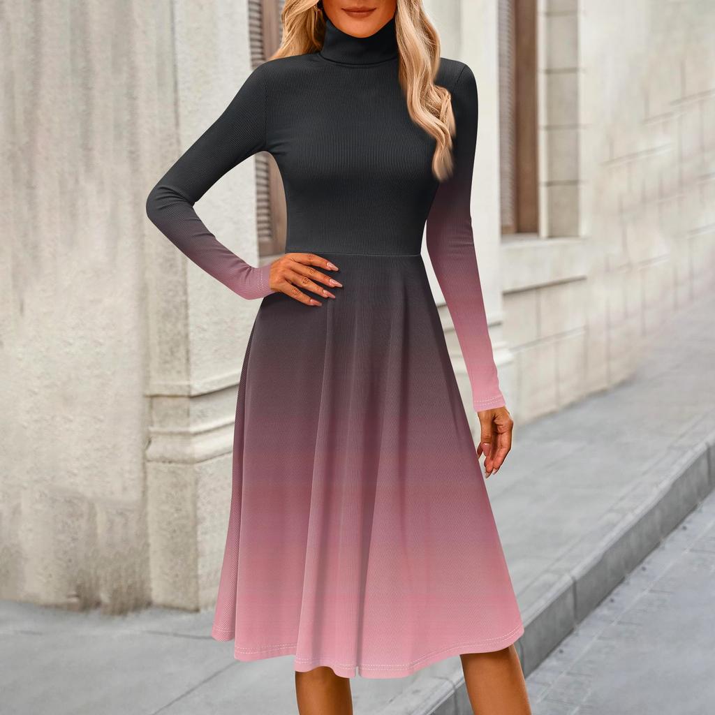 Women's Casual Fashion High Neck Long Sleeve Print Midi Dress