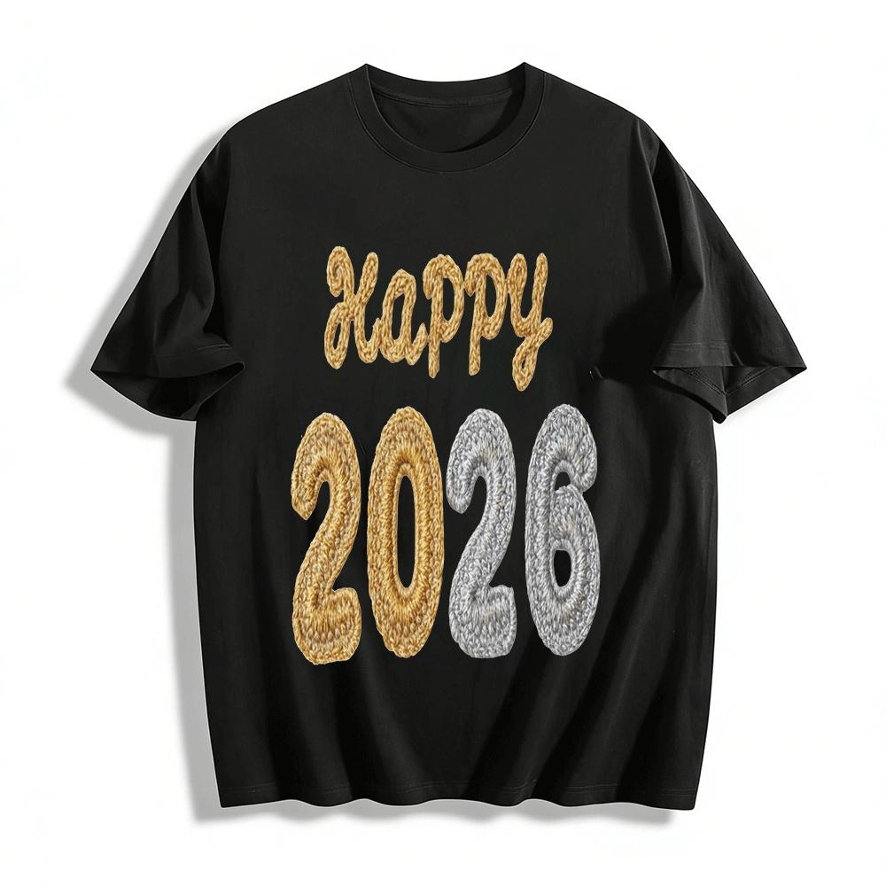 Happy New Year 2026 Black Gold Luxury Print Casual Top Pure cotton T-shirt XXS