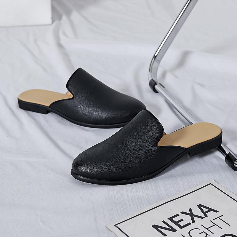 

Fashion Summer Men Slippers PU Flat Heel One Step Casual Business High Quality Half Slippers British Style Size 38-47 Men Half Slippers 38