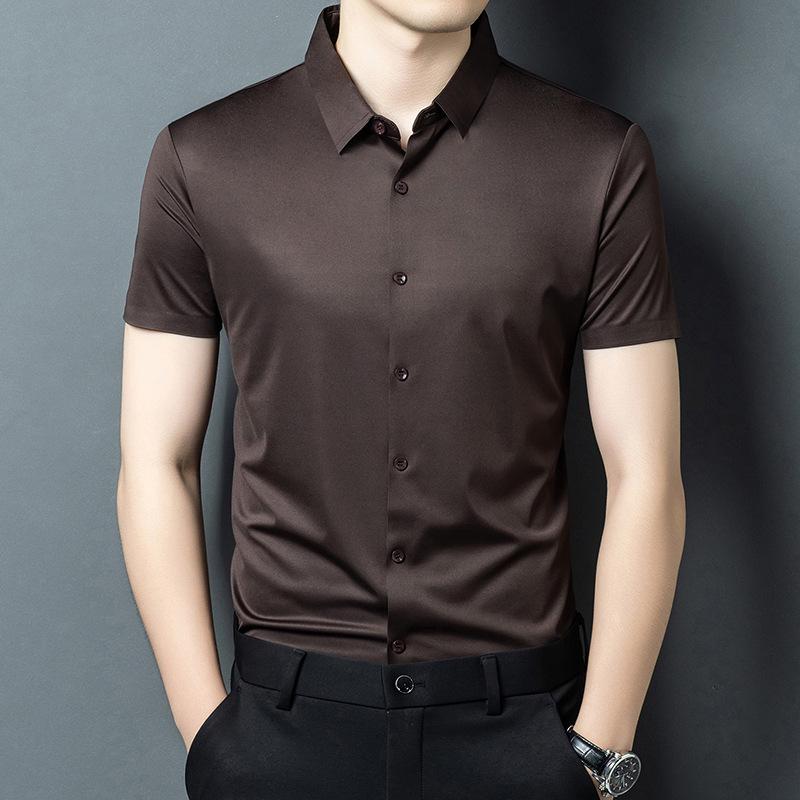 Men's Ice Silk Short Sleeve Lapel Shirt - Business Casual, Non-Iron, Elastic Fit for Middle-Aged Dads