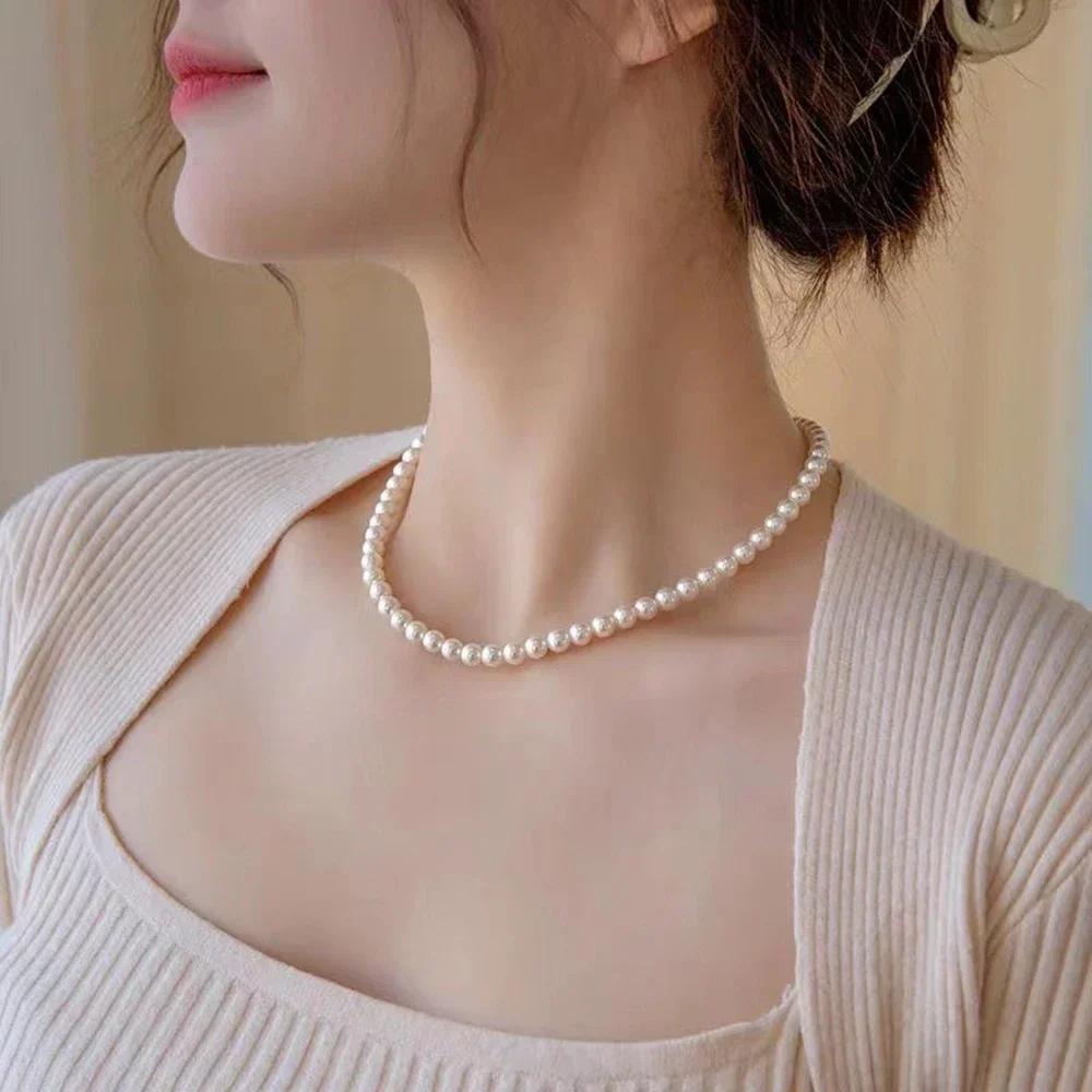 Trend 4/6/8mm Weiße Perlen Choker Halskette Schlüsselbein Kette Für Frauen Klassisch Elegant Hochzeit Hals Schmuck Liebes Anhänger Geschenk