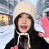 Autumn and winter new lace-up knitted bucket hat women's thick wool showing face small bucket hat strap thermal basin hat