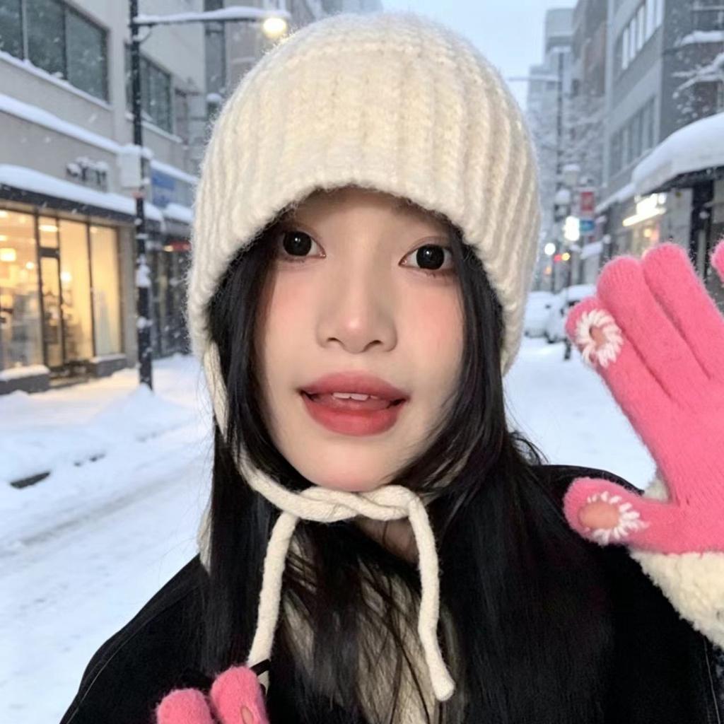 Autumn and winter new lace-up knitted bucket hat women's thick wool showing face small bucket hat strap thermal basin hat