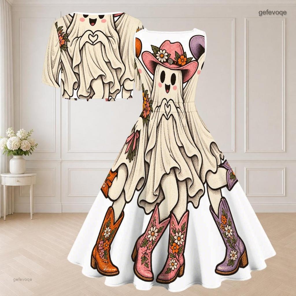 Women Plus Size Two Piece Dress Set Short Sleeve Cropped Shrug Sleeveless Square Neck Tie Waist Flared Bear Pumpkin Printed