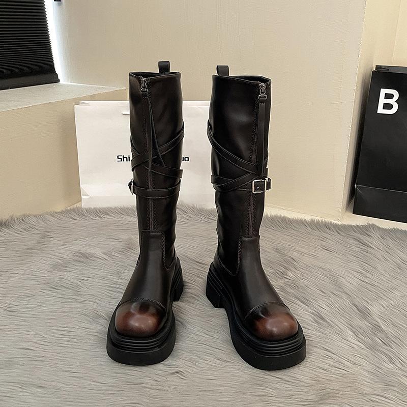 British Skinny Comfortable Knight Boots Women's 2025 Autumn New Thick-soled Height Increase Small Men But Knee Boots Tide