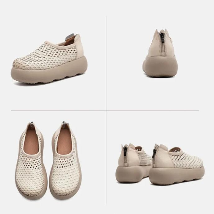 Johnature Retro Hollow-out Breathable Woven Genuine Leather Thick Soled Sandals Simple Women's Platform Shoes