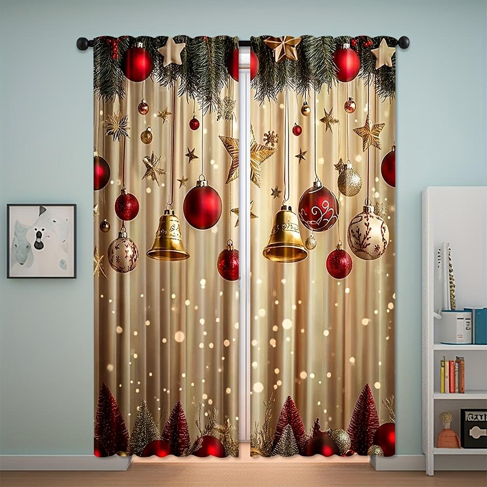 Set Of 2 Festive Christmas Curtains Cheerful Print Polyester Living Room Office Bedroom Decor Curtain For Sitting Made With Rod Pocket Machine