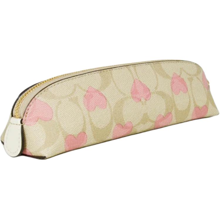 Coach Pencil Case 20 Heart Print Logo Coated Canvas And Leather Small Storage Bag Women Pencil Case Gold Light-Khaki Pink CP380-IMOTV