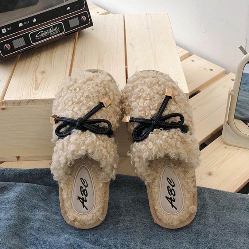 Autumn and winter Baotou hairy slippers, fashionable bow flat bottom anti slip wooden floor cover, foot hair mop
