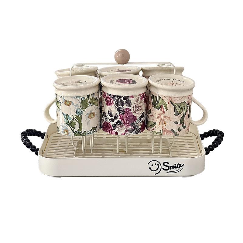 Retro Literární Francouzský Tištěný Hrnček Kreatívny Pastoračný Štýl Rastlinný Kvetinový Štýl Keramická Súprava Pohárov na Vodu