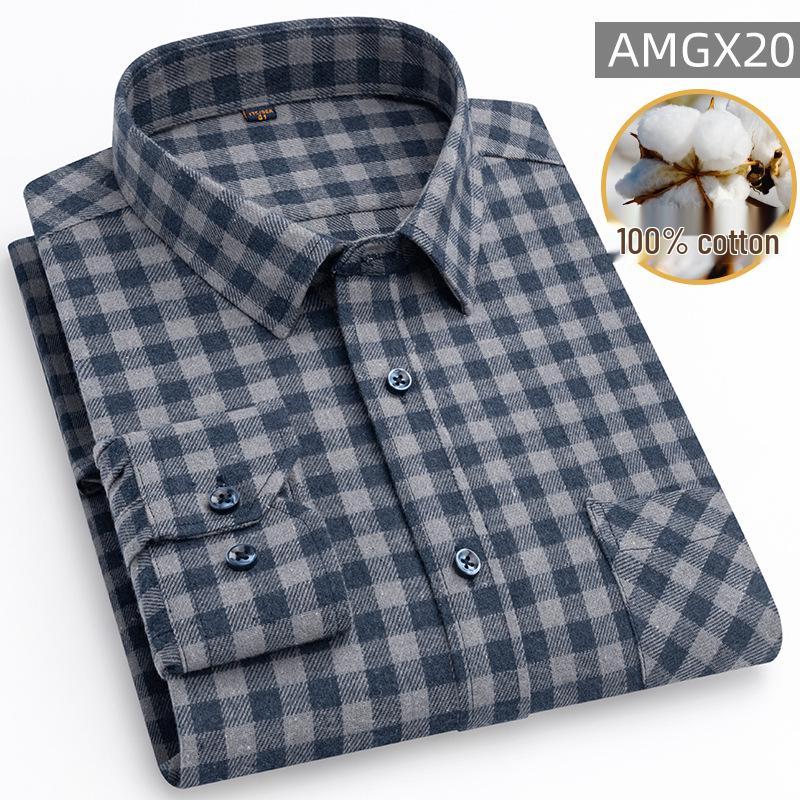 New Men's Plus Size Brushed Cotton Plaid Long Sleeve Shirt for Middle-Aged & Elderly with Straight Hem