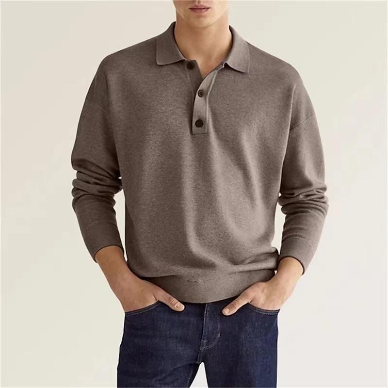 Spring and Autumn Long Sleeve V-Neck Buttons Men's Casual Top Polo Shirt