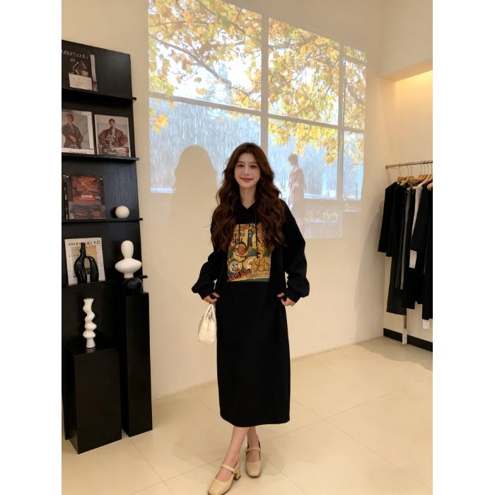 Women s Black Cartoon Print Plush Hooded Sweatshirt Dress - Autumn/Winter Loose Fit, Plus Size, Slimming, Long Sleeve. One Size