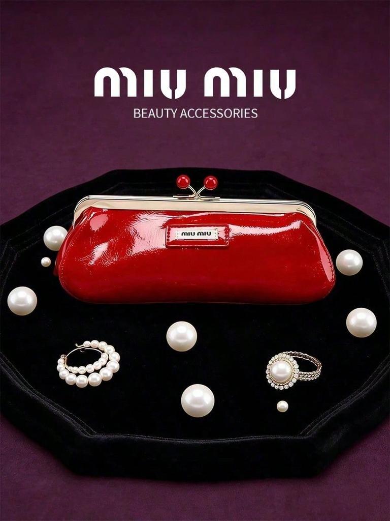MIUMIU Glossy Red Patent Leather Makeup Bag Cherry Metal Clasp Portable Cosmetic Clutch Pouch for Women Travel