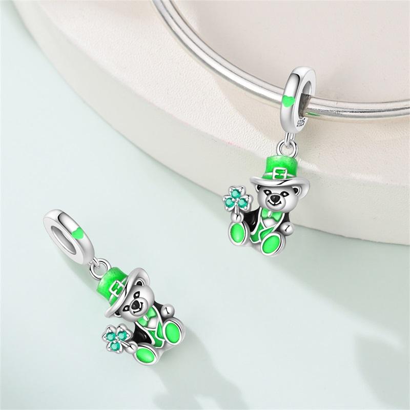 925 Silver Green St Patricks Clover Pendant DIY Charm Beads for Original Bangle Charms Bracelet Women Jewelry