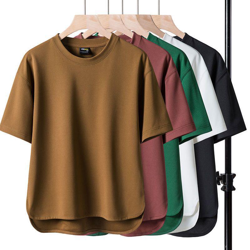 T-shirt Manches Courtes Lourd Uni Casual Homme, Col Rond, Coupe Ample, Grandes Tailles, Style Américain pour Printemps/Été