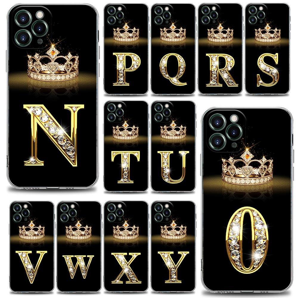 Diamond Crown First Initials Letter N T Z Shell Case for iPhone 15 16 11 12 13 14 Pro Max Mini 16 Plus Transparent Cover Fundas