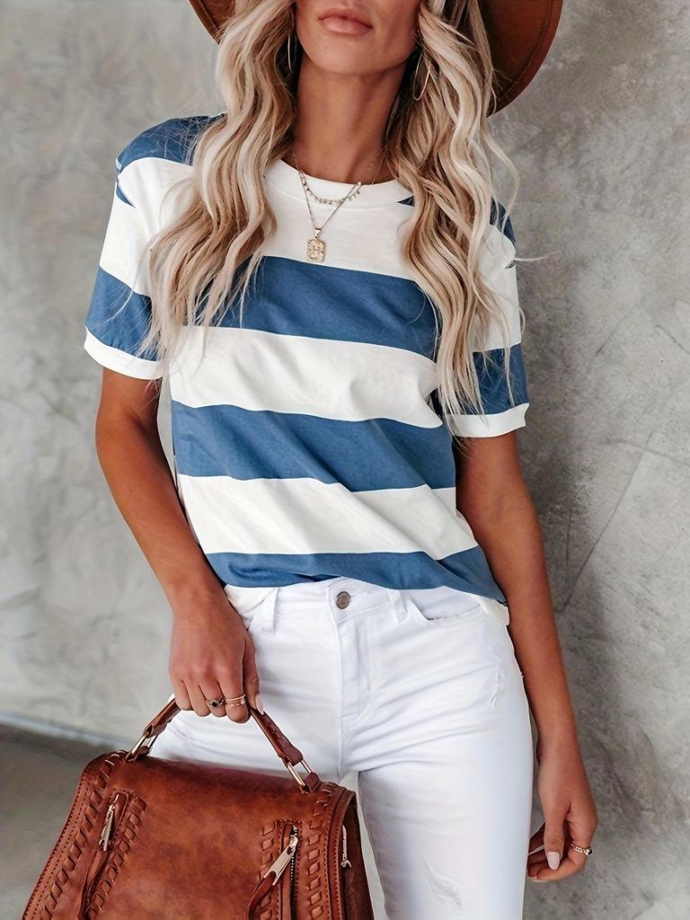 Women's Summer Striped Print Round Neck Casual T-shirt