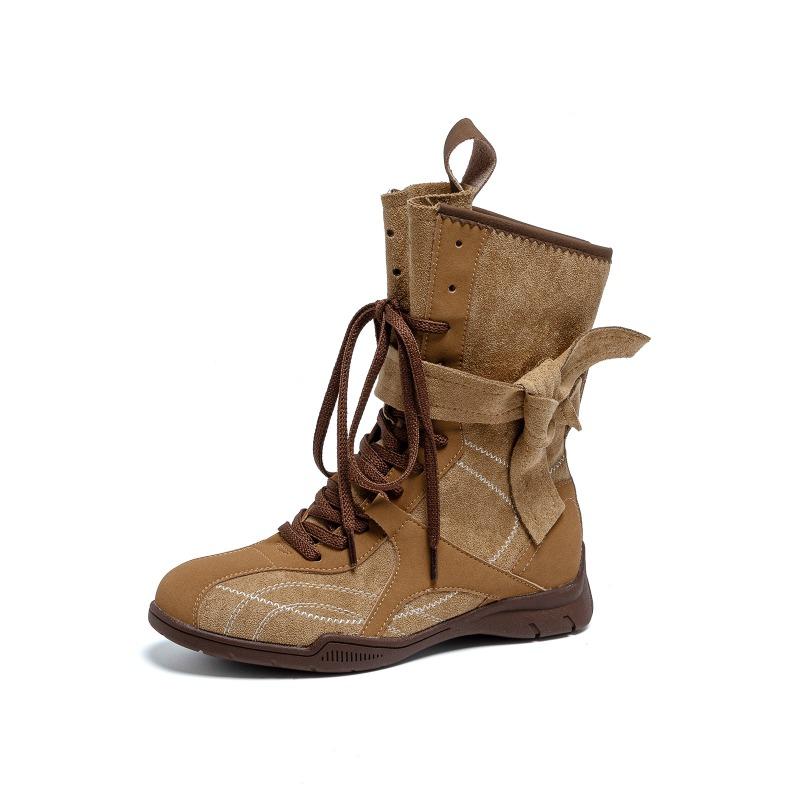 Retro Boxing Boots Inner Height Increasing Suede Maillard Fashion Medium Boots Women's Sports Outdoor Boots Autumn