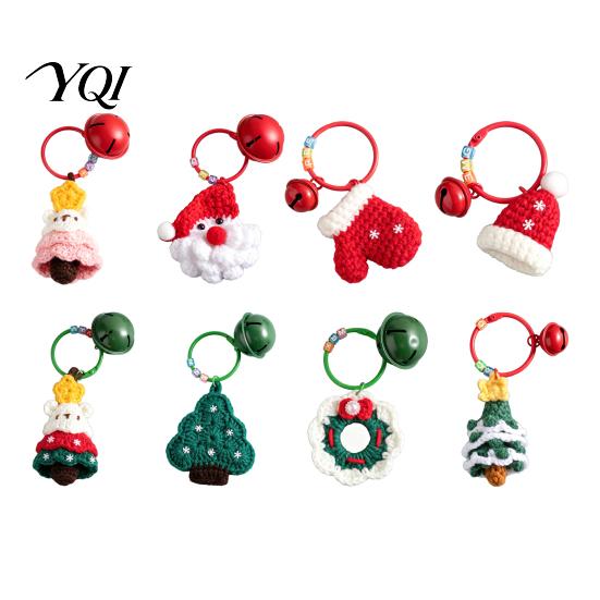 Crochet Christmas Keychain Yarn with Bell, Handmade Tree Hat Glove Wreath Holiday Gift for Friends Key Ring Pendant, Bag Charm Accessory Backpack,