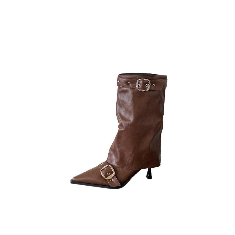 2025 Autumn and Winter New European and American Sexy Babes White High-heeled Short Boots Women's Belt Buckle Rivet Babes Pointed Trousers