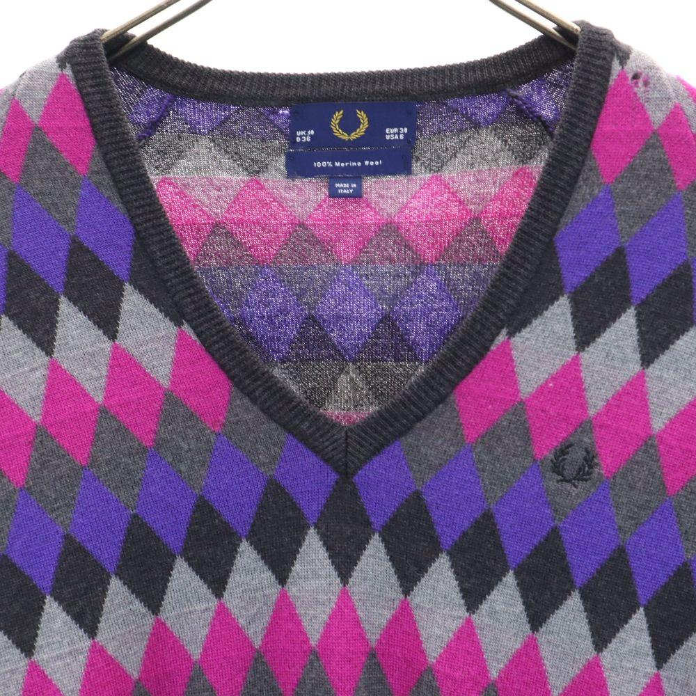 Fred Perry Wool Long Sleeve V Neck Sweater USA6 Gray Knit Dress Women Used