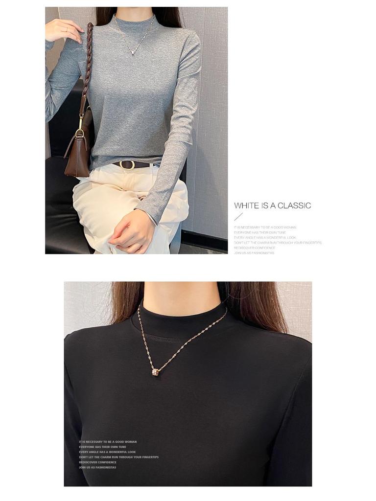 Women's Black Slim-Fit Long Sleeve Mid-Neck Top for Spring/Autumn