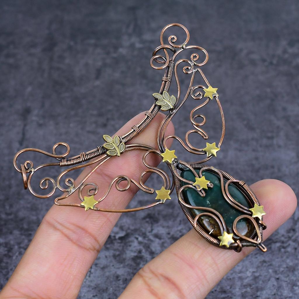 Chrysoprase Handmade Copper Wire Wrap Jewelry Pendant 3.55" o0u73