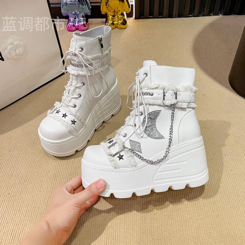 Fashion Platform Thick Gothic Boots Lady Buckle Autumn Women 9CM Wedges High Booties Punk Street Cosplay Botas Motorcycle Chain Shoes