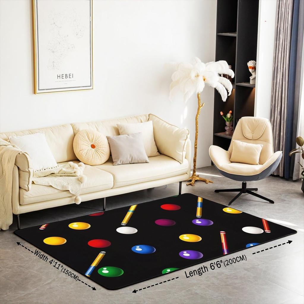 Billiard Balls Large Area Rug 5x7 Billiard Cue Living Room Rug | Pool Balls for Pool Table Rugs for Bedroom, Billiards Pool Cue Carpet Indoo
