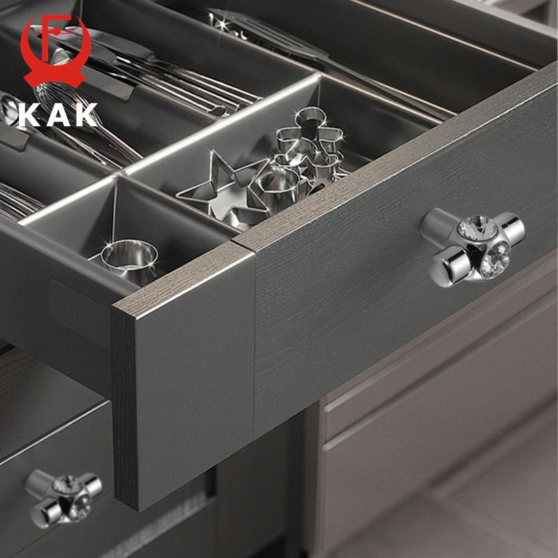 KAK Bright Chrome Furniture Handles Crystal Kitchen Cabinet Handle Zinc Alloy Wardrobe Door Pulls Solid Decorative Door Hardware