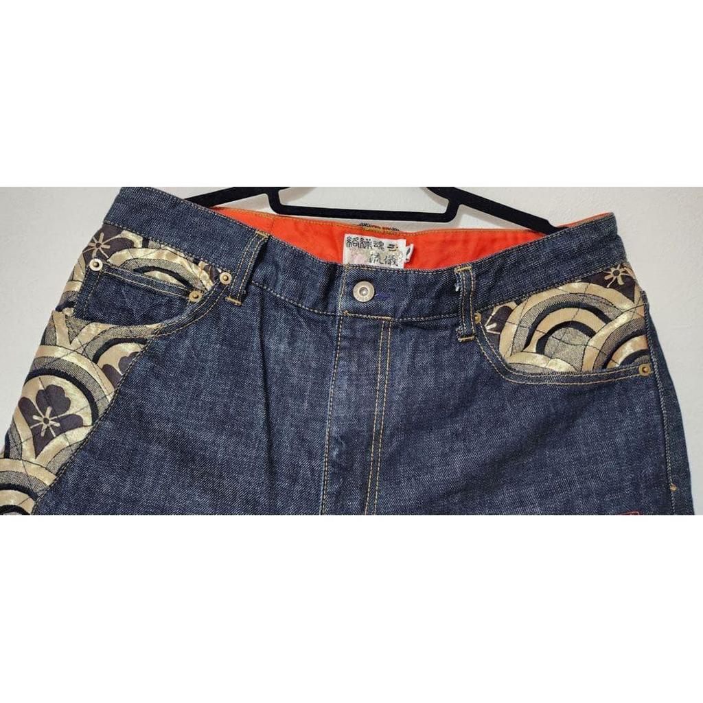 Used Karakuri Tamashii Japanese Pattern Denim Half Pants Cherry Blossom Family Crest