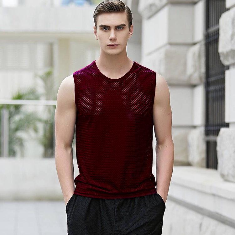 Men's Quick-Dry Ice Silk Mesh Tank: Breathable, Sleeveless Sports Base Layer with Wide Shoulders and Round Neck
