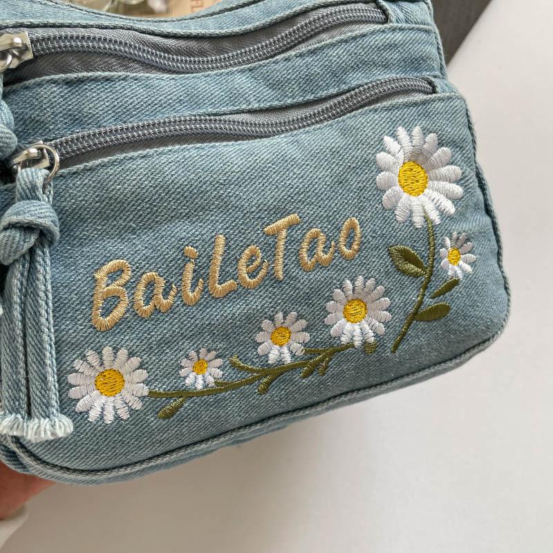Lightweight Denim Zipper Crossbody Bag Stitching Line Embroidery Decoration Bag Hot Sale Casual Youth Women's Shoulder Bags
