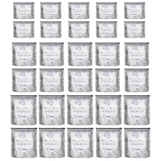 Yousheng 30Pcs Aluminum Foil Sealable Bags Reusable Leak-Proof Zipper Freezer Bags Stand Up Food Storage Pouches with Label for Freshness Fruit Meat