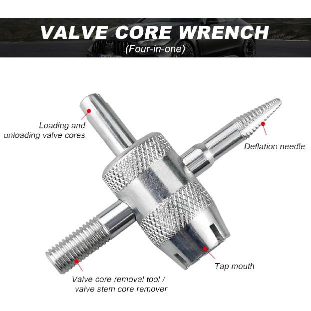 4-Way Valve Core Tool Tire Valve Tools, 4-in-1 Tyre Valve Core Tool Tire Stem Core Wrench, Multifunctional 4 Way Valve Stem Remover Tire Repair Tool