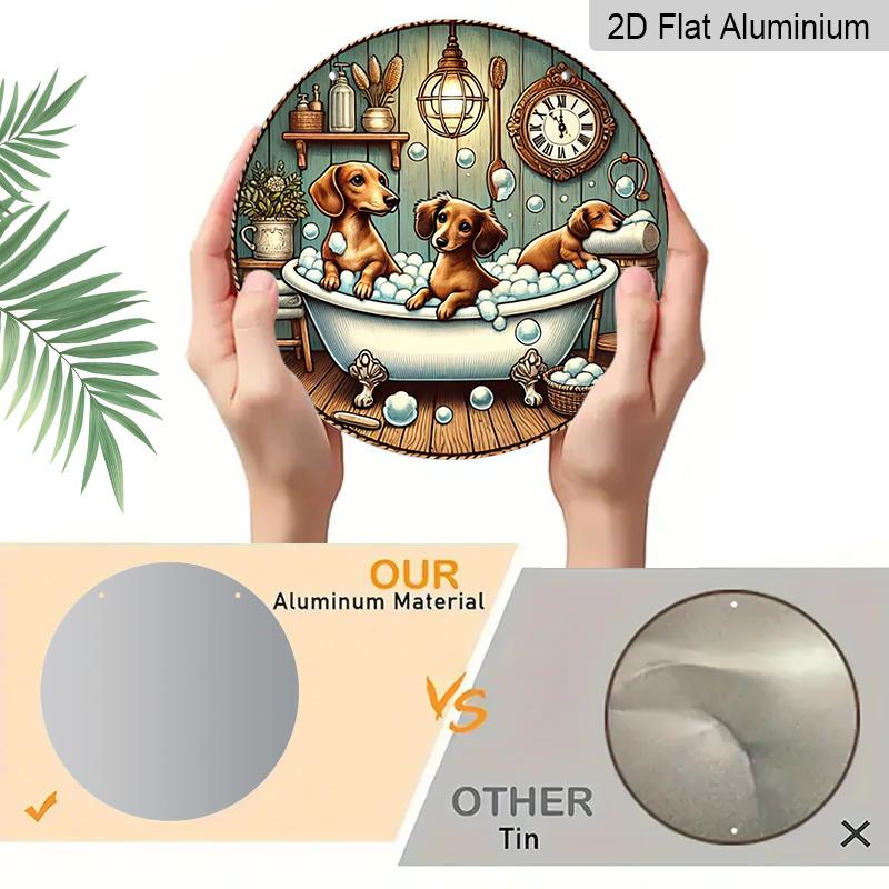 2D Flat 1pc, Bathing Dog Theme Design, Flat Printed Aluminum Metal Signs, Circular Iron Hanging Picture, 8x8 Inch Wall Decoration, Bar, Cafe, Club