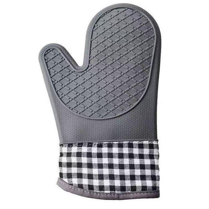 Auf Lager Beige Silikon Hitzebeständige Rutschfeste Ofenhandschuhe: Hitzebeständig, dick gepolstert mit Baumwolle, ideal zum Backen.