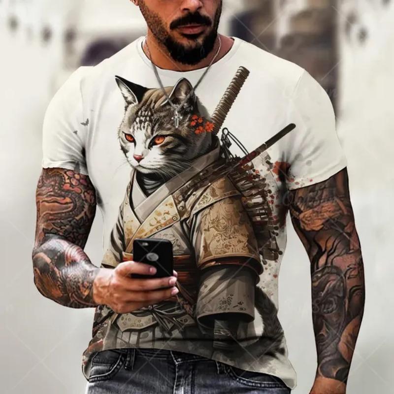 Japanese Samurai Cat Printed Men's T Shirts Funny 3D Animal Graphic T-Shirts Summer Casual O-neck Loose Tops Short Sleeve Tees