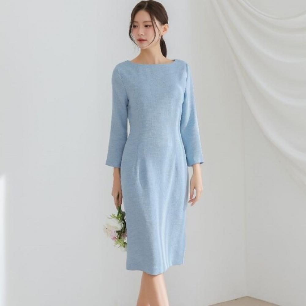 New Arrivals Open Run Boat Neck Princess Line Sky Blue Stretch Midi Dress