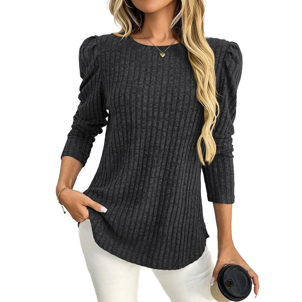 Women Solid Crew Neck Puff Sleeve Long Sleeve Brushed Striped T Shirt Top