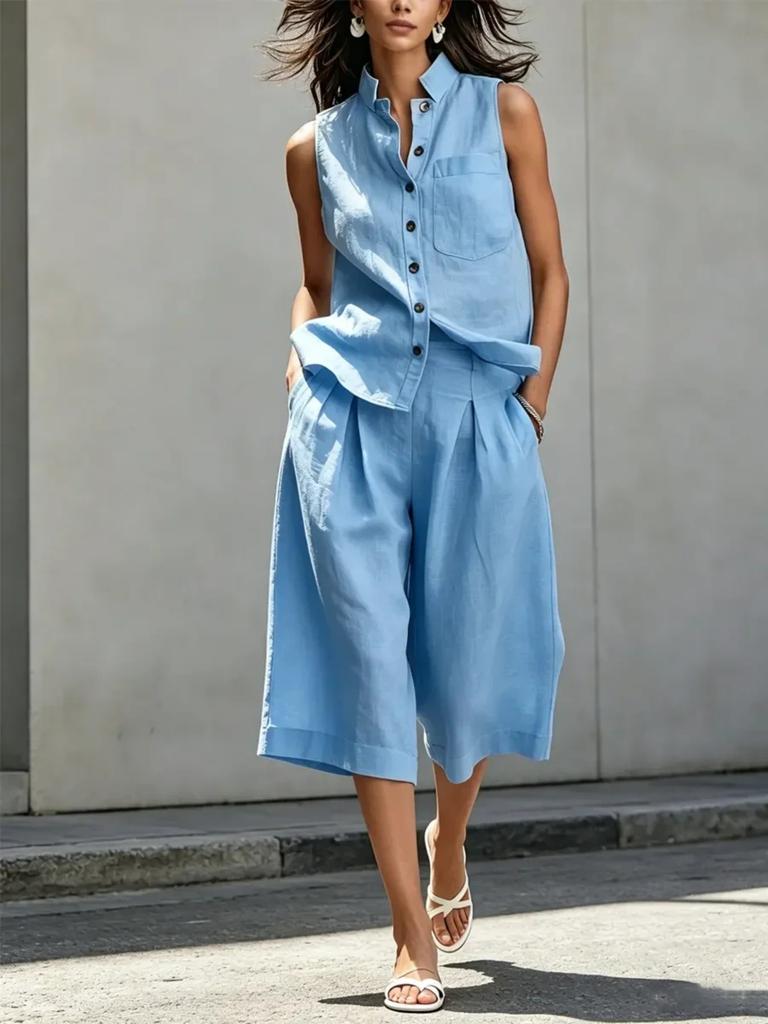 Dámský 2dílný set z lněné směsi: Bezrukávová košile na knoflíky a culottes. Ležérní letní outfit