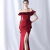 One-word Shoulder Burgundy Tube Top Banquet Evening Dress Dress High Texture Sexy High Split Harpoon Tail Dress Long