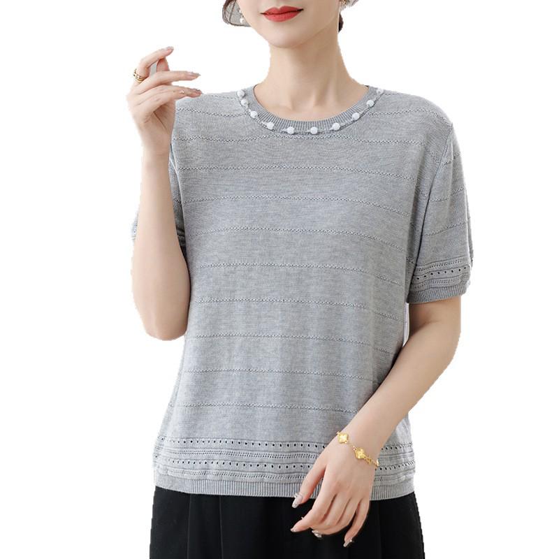 2026 Women's Tencel Knit Hollow Woven Half Sleeve Round Neck Top