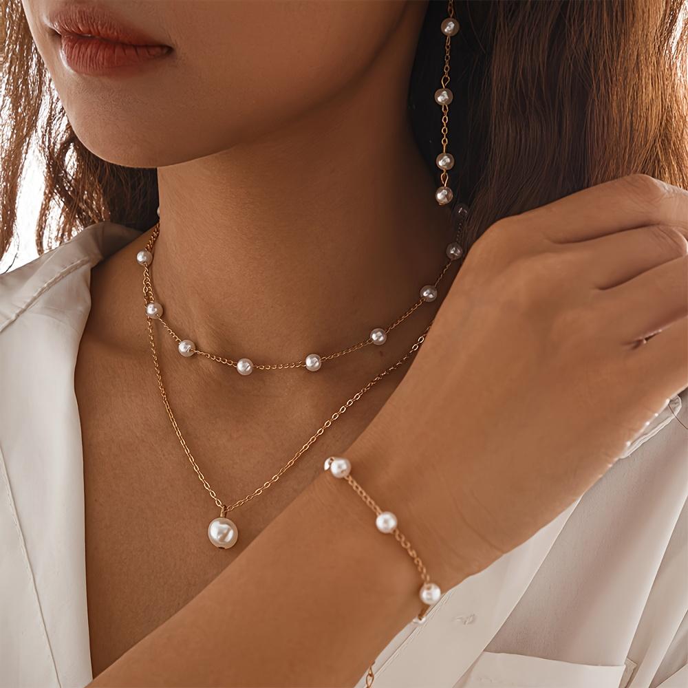 Elegant French retro-style faux pearl necklace, earrings, and bracelet set for women, suitable for fashion gifts, parties, dates, and everyday wear gold of them