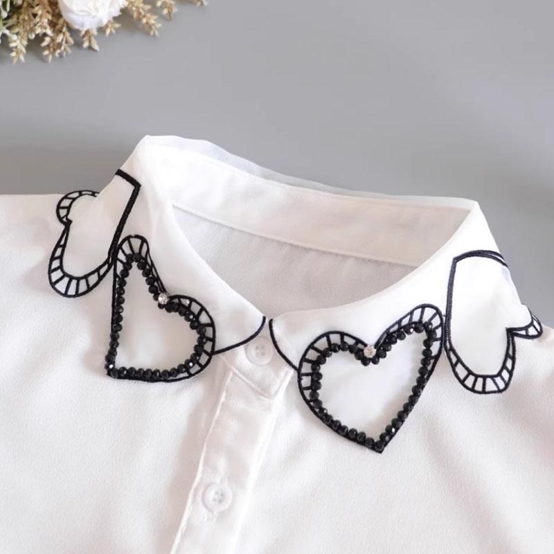 Heart Embroidery White Fake Collar Beads Detachable Collar Fake Women Vintage Crystal Lace Ladies False Blouse Collar Half Shirt