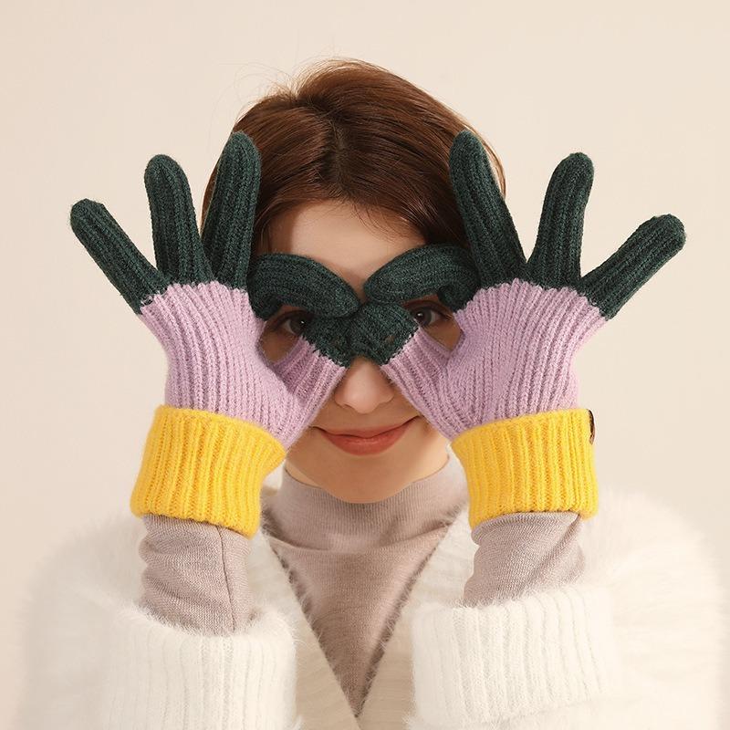 Autumn and winter new products, long contrasting colors, gloves, finger-exposed knitted wool gloves, windproof thickened warm gloves