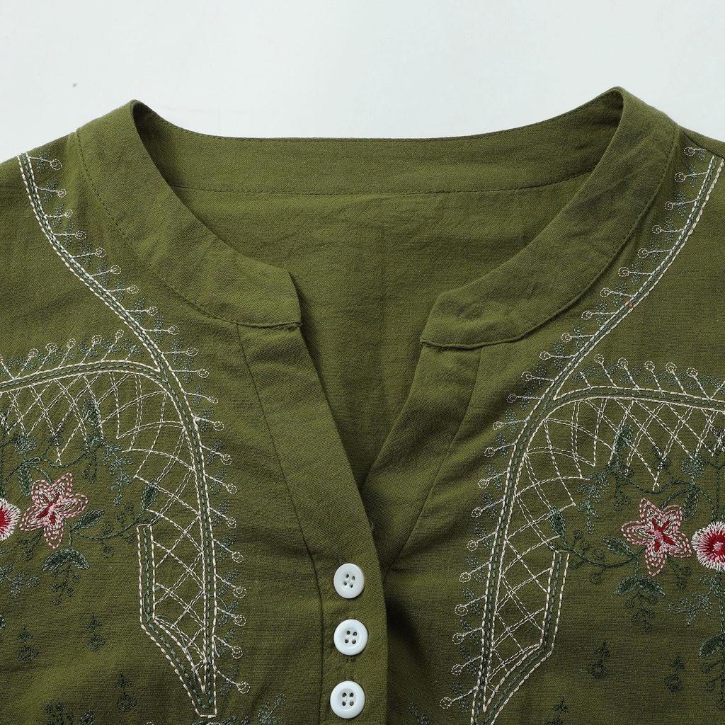 Damen locker geschnittene bestickte Knopfleiste V-Ausschnitt Freizeitbluse Top mit hochkrempelbaren Ärmeln und Blumenmuster für den täglichen Gebrauch