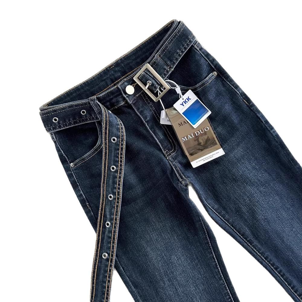 Women's Retro Dark Blue Micro Flare Jeans - Low Rise, Plus Velvet, Elastic Slimming, Bell Bottoms for Autumn/Winter.