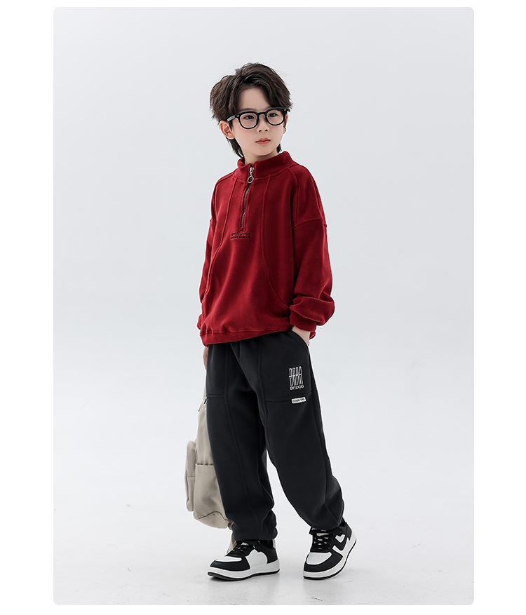 Doppelseitiger Kapuzenpullover für Jungen aus australischem Fleece mit halbem Reißverschluss - Kollektion Winter 2025, Stehkragen, Langarm-Oberteil für mittleres und großes Kind